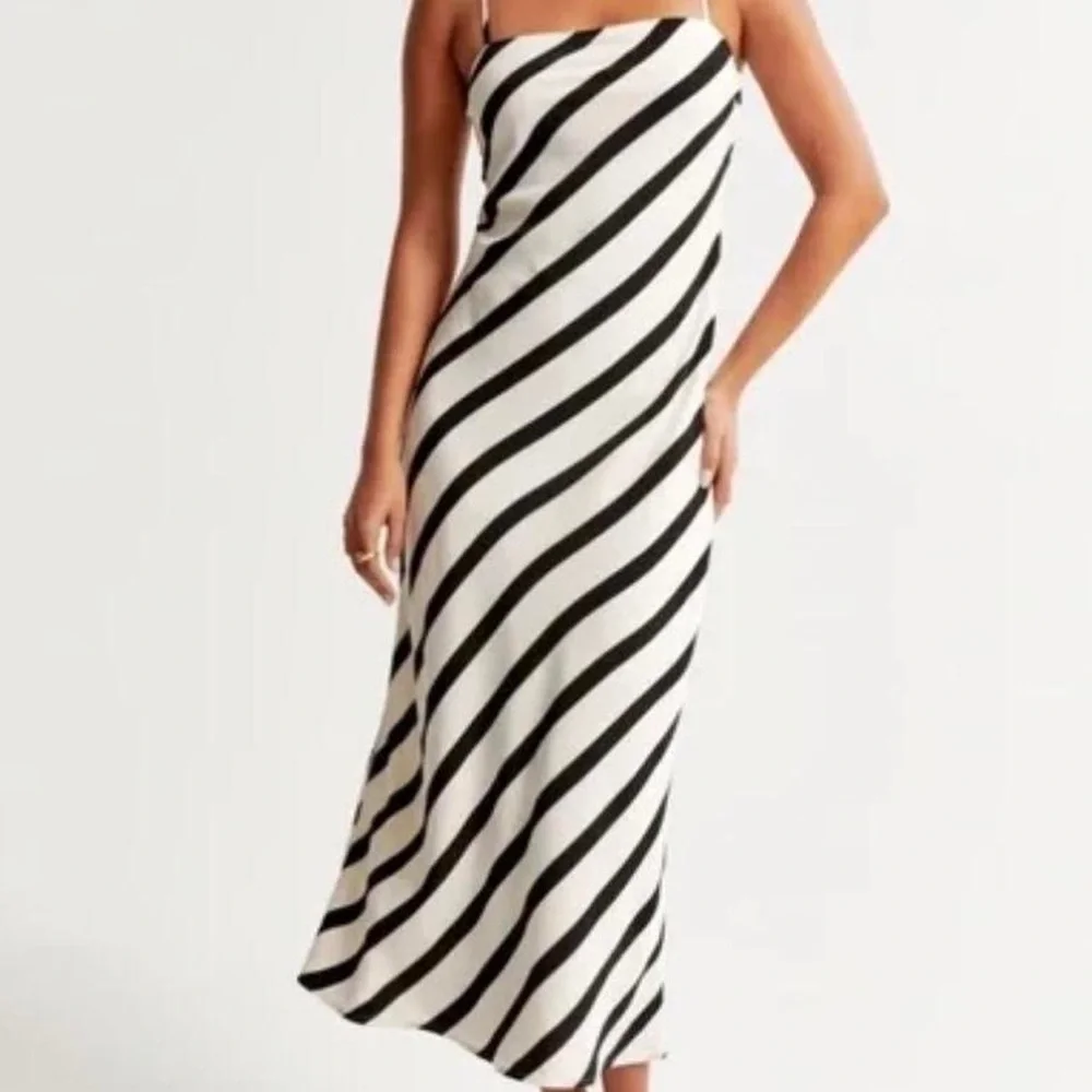 NWT Black and White Striped Satin Slip Maxi Dress size Medium Tall